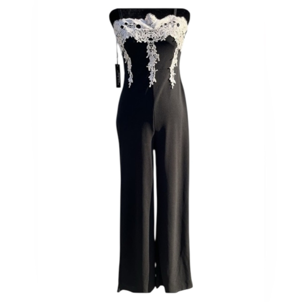 NWT Haute Monde Black W/ White Appliqué Bustier Jumpsuit Women’s Size Medium